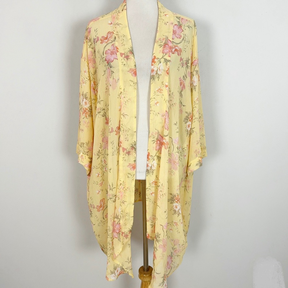 American Eagle Floral Kimono Wrap Yellow Pink Sheer Open Front One Size O/S